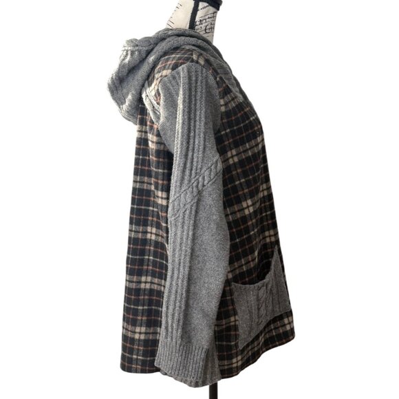 Anthropologie Moth Derry Plaid Jacket Hooded Cable Knit Sweater Wool Women Sz L - Picture 3 of 10